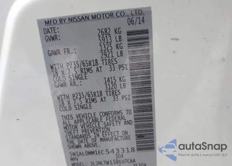 2014 Infiniti Qx60 z USA, uszkodzony, nr VIN 5N1AL0MM1EC543318